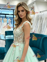 Green Tulle Straps Appliques Prom Dress