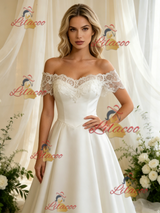 White Off the Shoulder Satin Lace Wedding Dress