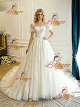 Beige White Lace Puff Sleeve Wedding Dress