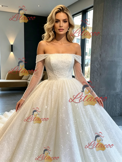 White Sequins Long Sleeve Off the Shoulder Wedding Dress
