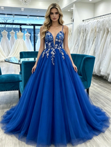 Royal Blue Tulle Spaghetti Straps Prom Dress