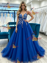 Royal Blue Tulle Spaghetti Straps Prom Dress