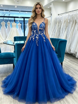 Royal Blue Tulle Spaghetti Straps Prom Dress