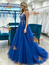 Royal Blue Tulle Spaghetti Straps Prom Dress