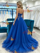 Royal Blue Tulle Spaghetti Straps Prom Dress