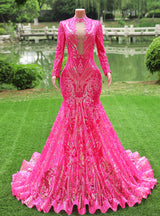 Fuchsia Mermaid Sequins Long Sleeve Prom Dress