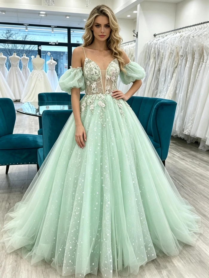 Green Tulle Straps Puff Sleeve Prom Dress
