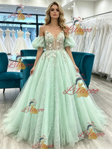 Green Tulle Straps Puff Sleeve Prom Dress