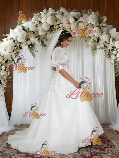 White Tulle Appliques Puff Sleeve Wedding Dress