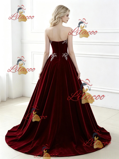Bugrundy Velvet Strapless Appliques Prom Dress