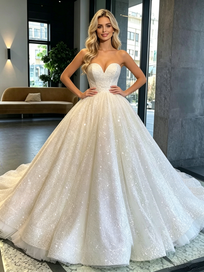 White Sequins Strapless Wedding Dress