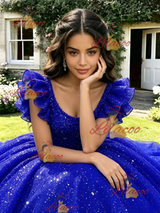 Blue Sequins Straps Quinceanera Dress