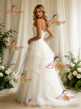 White Tulle Strapless Pleats Wedding Dress