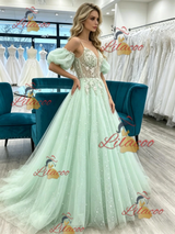 Green Tulle Straps Puff Sleeve Prom Dress