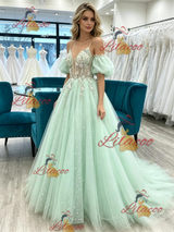 Green Tulle Straps Puff Sleeve Prom Dress