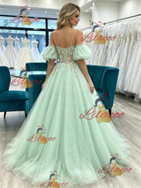 Green Tulle Straps Puff Sleeve Prom Dress