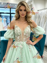 Green Tulle Straps Puff Sleeve Prom Dress