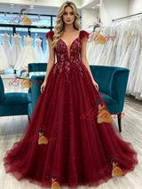 Burgundy Tulle Straps Prom Dress