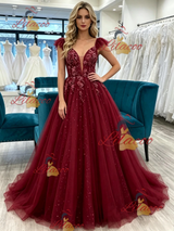 Burgundy Tulle Straps Prom Dress