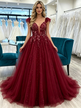 Burgundy Tulle Straps Prom Dress