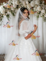 White Tulle Appliques Puff Sleeve Wedding Dress