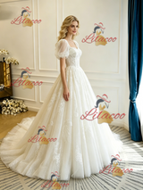 Beige White Lace Puff Sleeve Wedding Dress