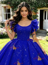 Blue Sequins Straps Quinceanera Dress