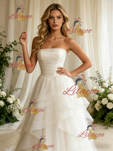 White Tulle Strapless Pleats Wedding Dress