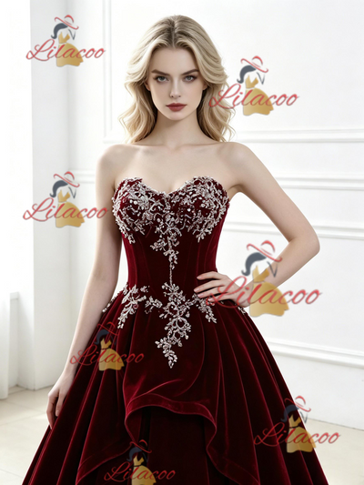 Bugrundy Velvet Strapless Appliques Prom Dress