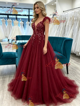 Burgundy Tulle Straps Prom Dress