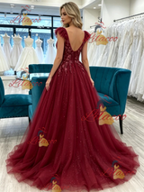 Burgundy Tulle Straps Prom Dress