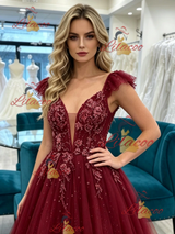Burgundy Tulle Straps Prom Dress