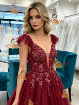 Burgundy Tulle Straps Prom Dress