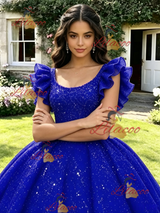 Blue Sequins Straps Quinceanera Dress