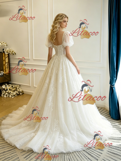 Beige White Lace Puff Sleeve Wedding Dress
