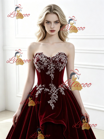 Bugrundy Velvet Strapless Appliques Prom Dress