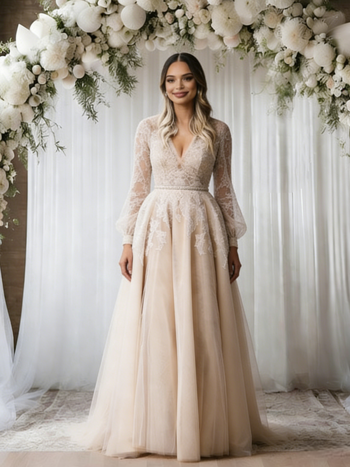 Champagne Tulle Lace Long Sleeve Wedding Dress