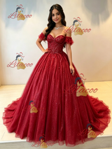 Burgundy Tulle Off the Shoulder Quinceanera Dress