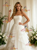 White Tulle Strapless Pleats Wedding Dress