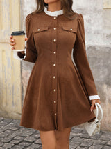 Retro Stitching Corduroy Long Sleeve Dress