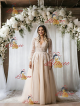 Champagne Tulle Lace Long Sleeve Wedding Dress