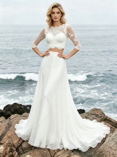 White Two PIece Long Sleeve Lace Wedding Dress
