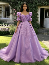 Purple Tulle Straps Appliques Quinceanera Dress