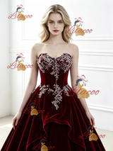 Bugrundy Velvet Strapless Appliques Prom Dress