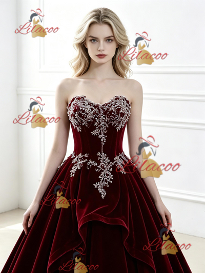 Bugrundy Velvet Strapless Appliques Prom Dress