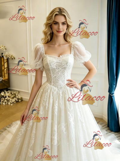 Beige White Lace Puff Sleeve Wedding Dress