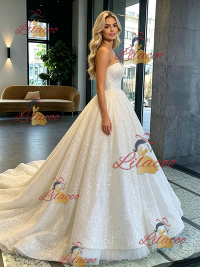 White Sequins Strapless Wedding Dress