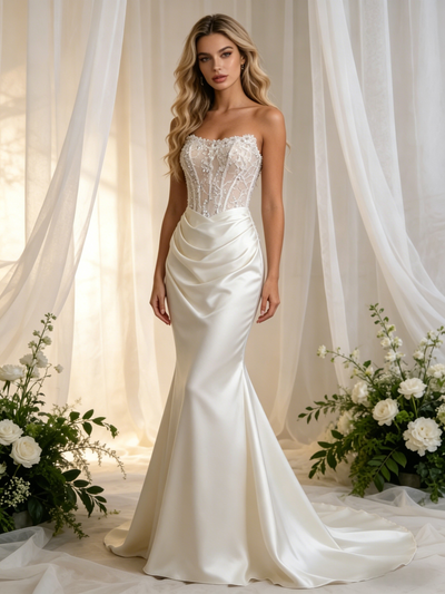 White Mermaid Satin Appliques Strapless Wedding Dress