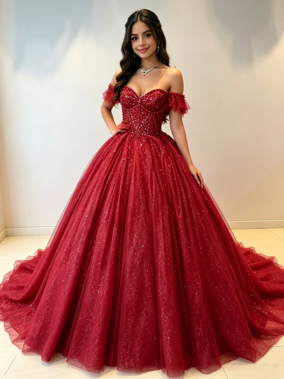 Burgundy Tulle Off the Shoulder Quinceanera Dress