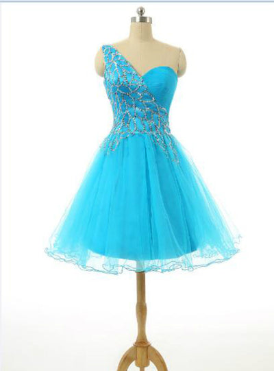 Blue Tulle One Shoulder Beading Homecoming Dress